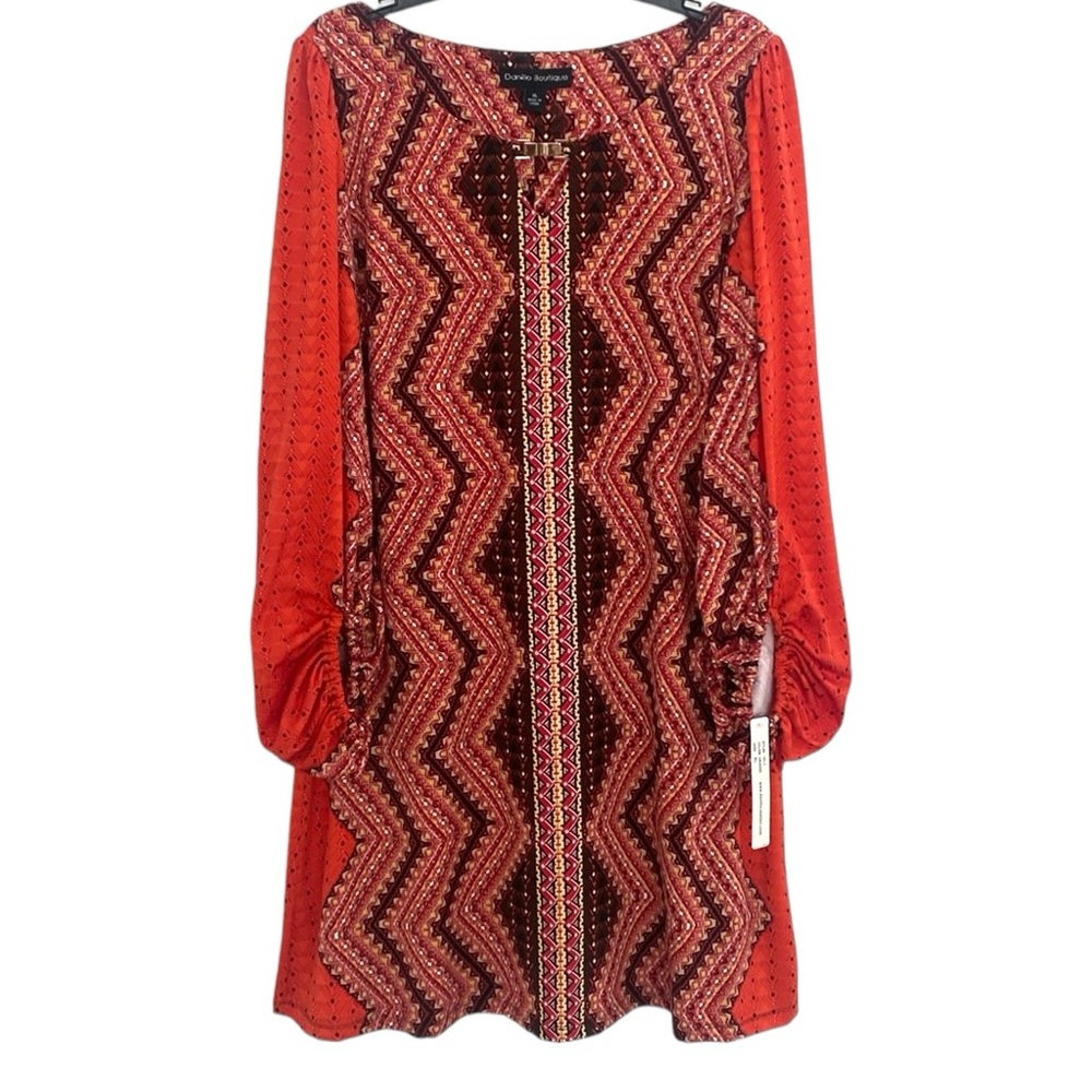 Danillio Boutique Red Orange Aztec Print Longsleeved Dress